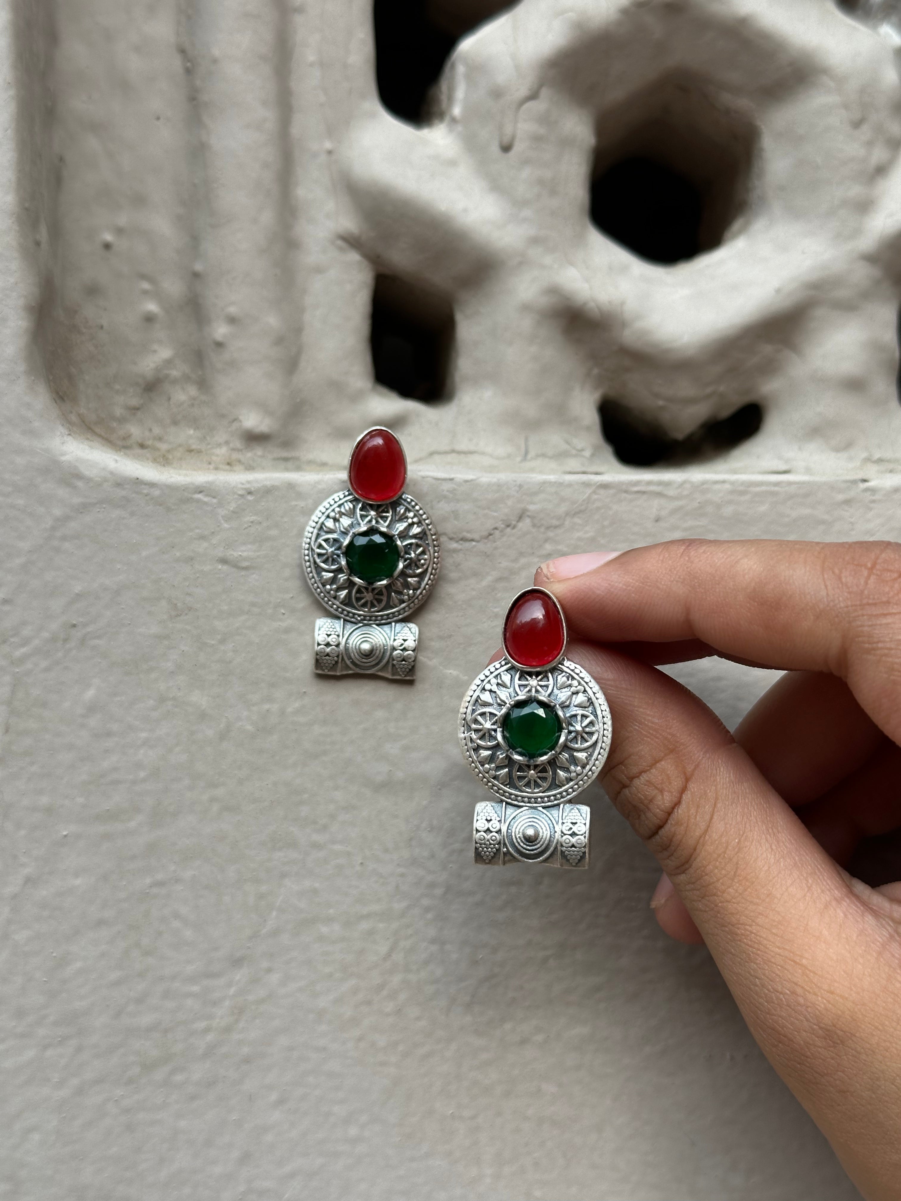 Handcrafted Tribal Silver Earrings with Stone Detailing